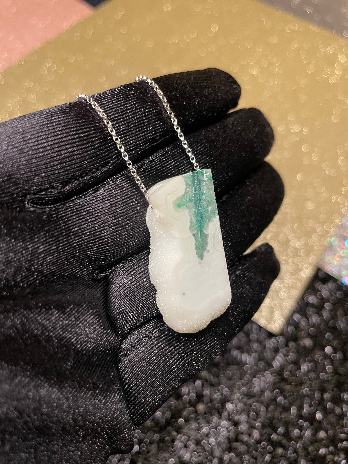 White Druzy, Malachite & White Agate Pendant (Rare)