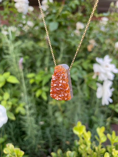 Spessartine Garnet on Quartz Pendant