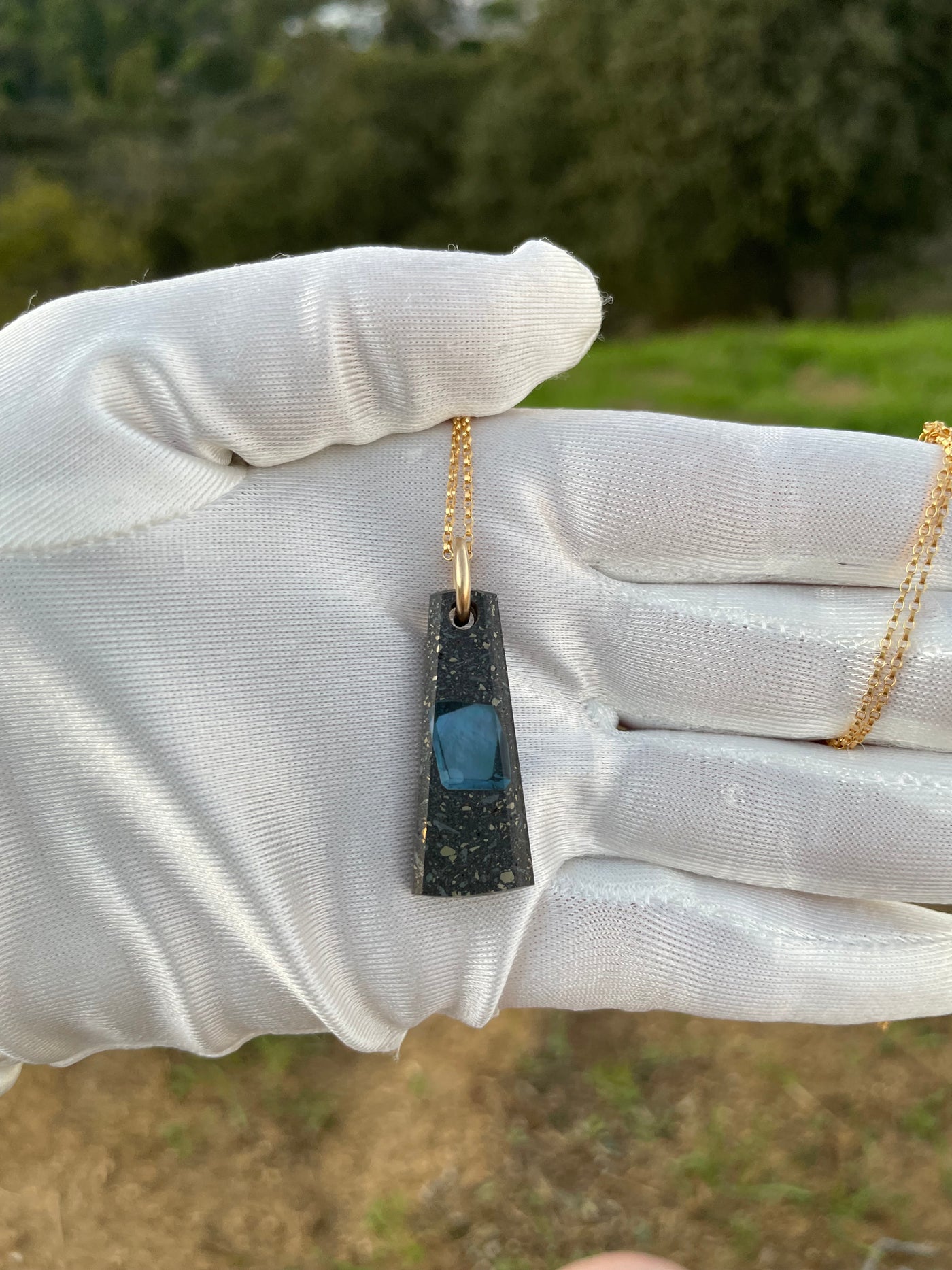 Topaz Inlay in Pyrite, Hematite & Black Jade Pendant