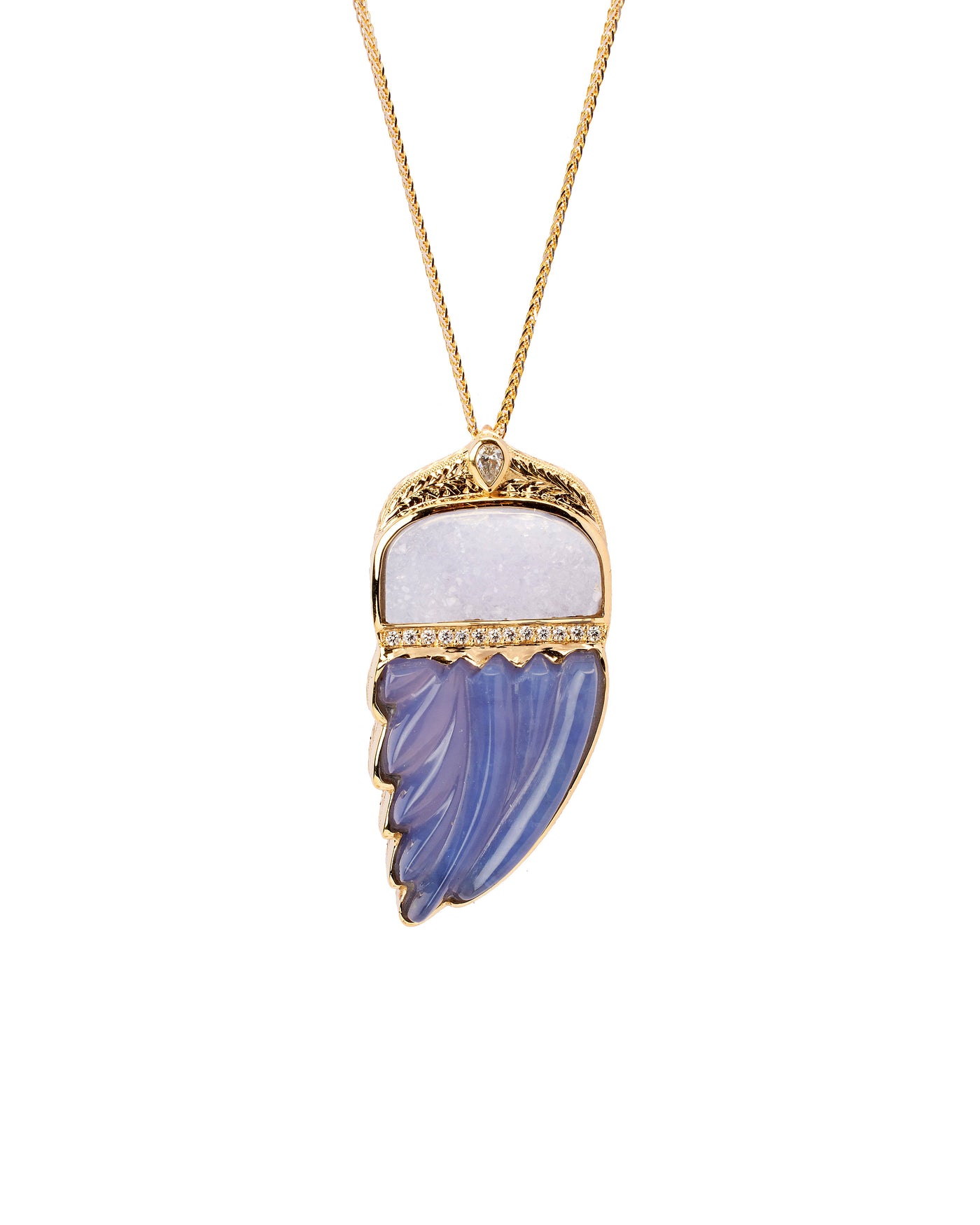 Blue Lace Agate Druzy & Blue Chalcedony Carving with Diamond on 14k Gold